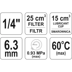 YATO pneumatikus levegő-előkészítő egység szűrővel, nyomásszabályzóval és olajozóval, 1/4", 25 cm³ – YT-2384