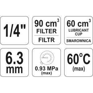 YATO pneumatikus levegő-előkészítő egység szűrővel, nyomásszabályzóval és olajozóval, 1/4", 90 cm³ – YT-2385