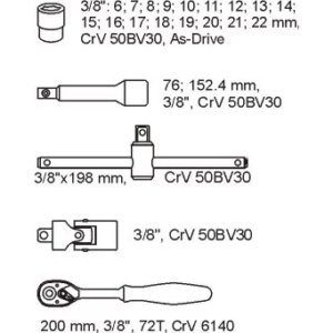 YATO fiókbetét kit szerszám3/8 22 db. – YT-5542